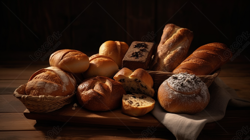 Delicious Fresh Breads Displayed on Rustic Wooden Background 2461267 wh860