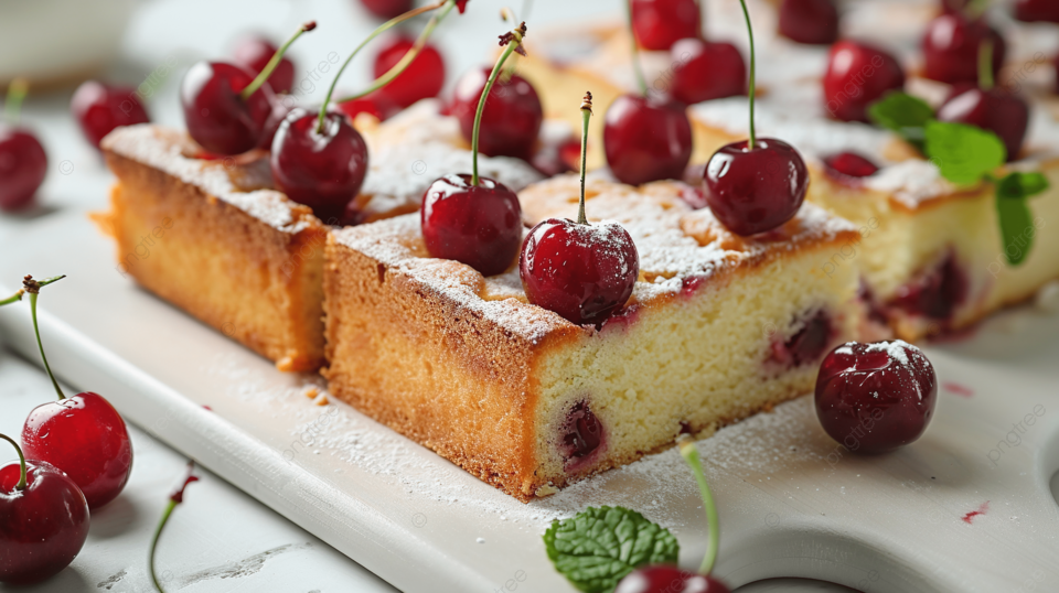 pngtree baked pieces of sponge cake with red ripe cherries on a image 15735265